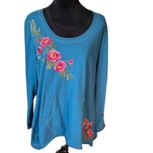 Paparazzi Teal Blue Floral Embroidered Boho Tunic Kangaroo Pocket Top L